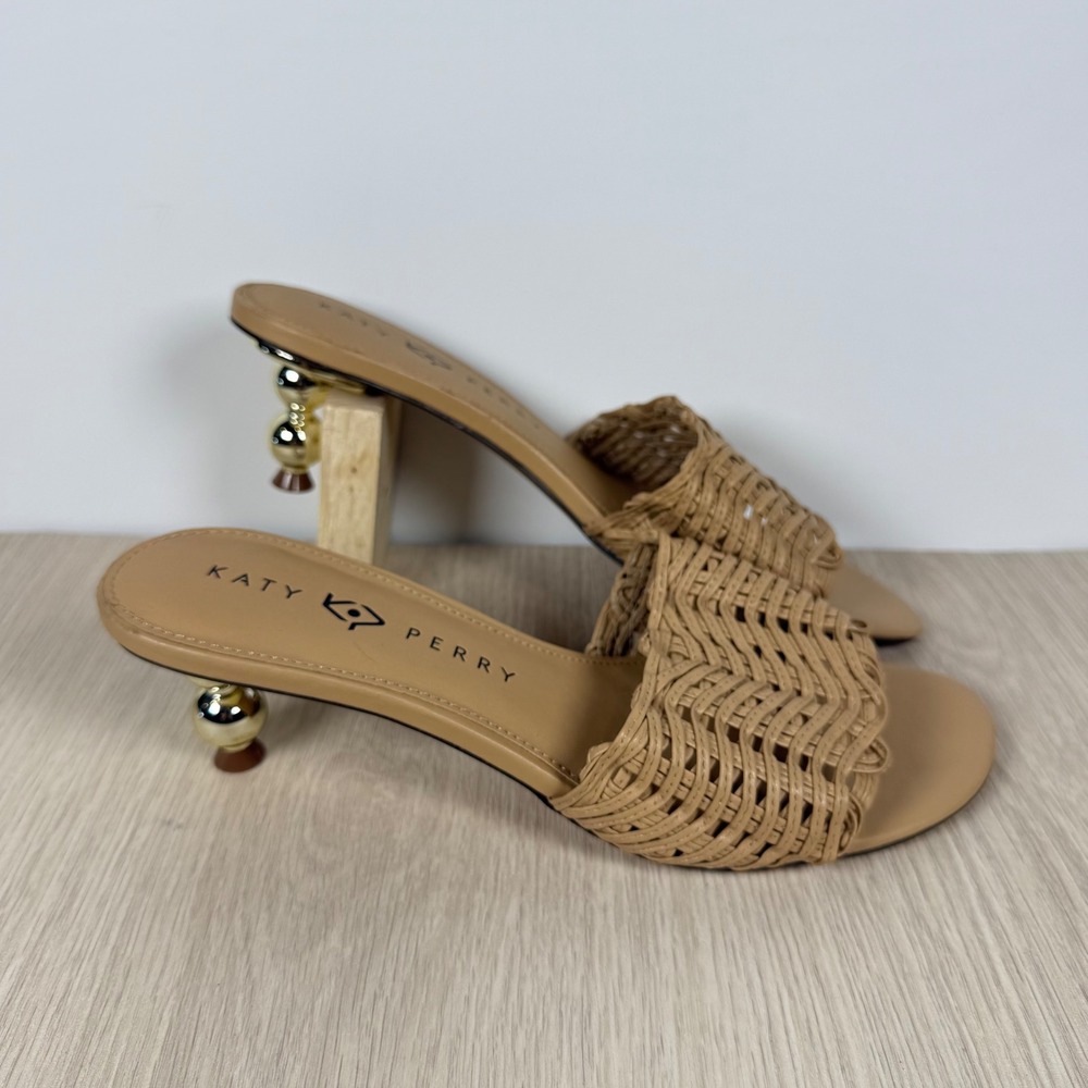 Slide Sandals Katy Perry Women 7.5 Tan Woven Orb Kitten Heel Mules